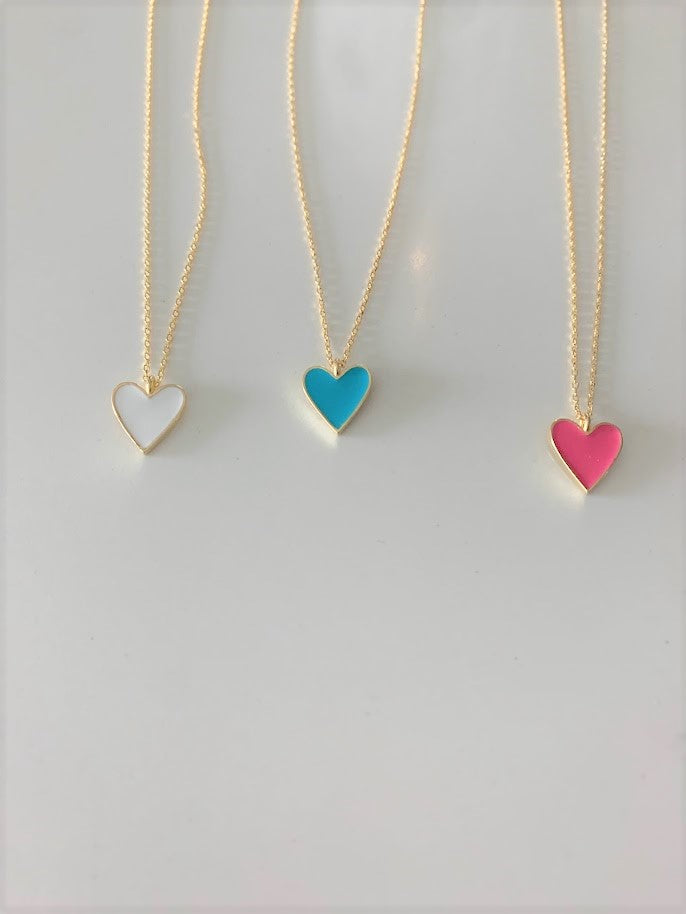 Enamel Heart Charm Necklace, Lovely Heart Pendant Necklace, 18K Gold over Genuine Sterling Silver, Excellent Quality,Pink, White, Blue Heart