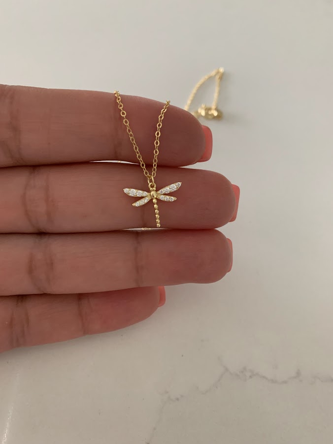 Gold Dragonfly Necklace, Floating Pendant Necklace