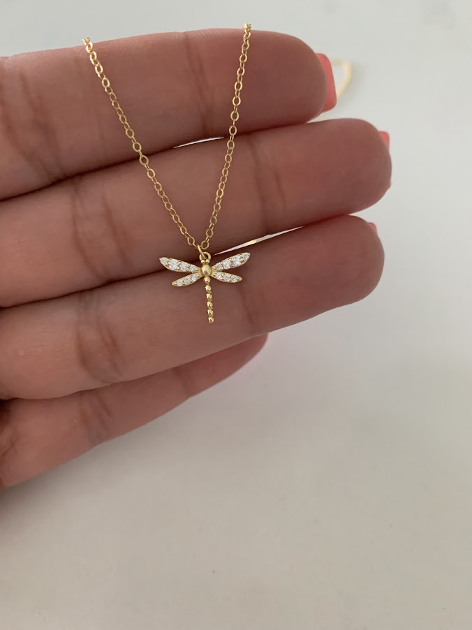 Gold Dragonfly Necklace, Floating Pendant Necklace