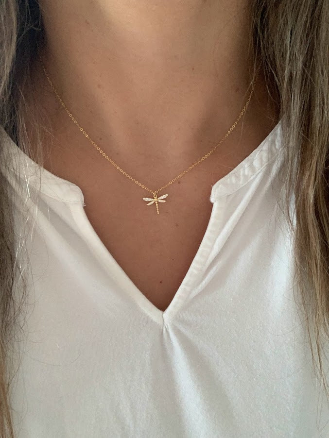 Gold Dragonfly Necklace, Floating Pendant Necklace