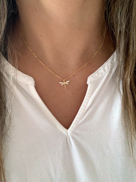 Gold Dragonfly Necklace, Floating Pendant Necklace