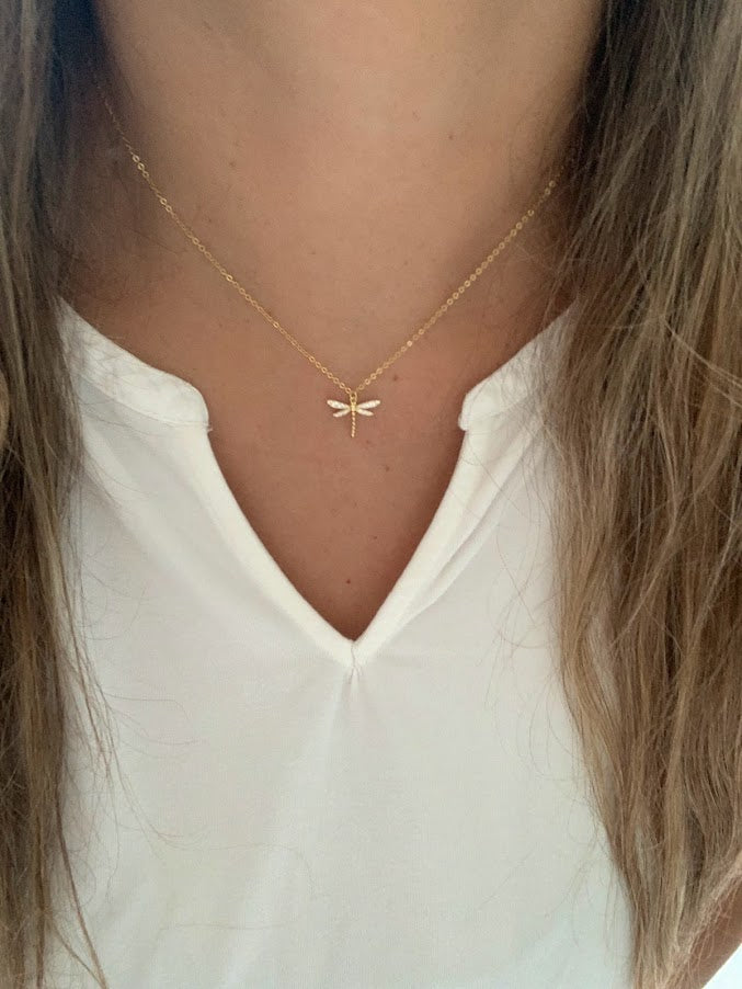 Gold Dragonfly Necklace, Floating Pendant Necklace