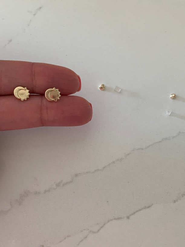 14K Gold Eclipse Stud Earrings, Sun & Moon Earrings, Sun Star Gold Studs, Celestial Earrings, 14K Gold Earrings, Dainty Eclipse Studs