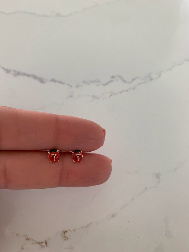 14K Ladybug Earrings, Dainty Earrings, Women Earrings, Kid Earrings, Solid Gold Ladybugs, Red Enamel Ladybugs, Gold Earrings