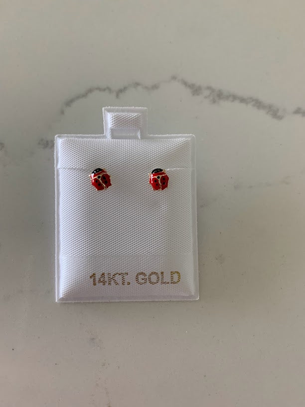 14K Ladybug Earrings, Dainty Earrings, Women Earrings, Kid Earrings, Solid Gold Ladybugs, Red Enamel Ladybugs, Gold Earrings