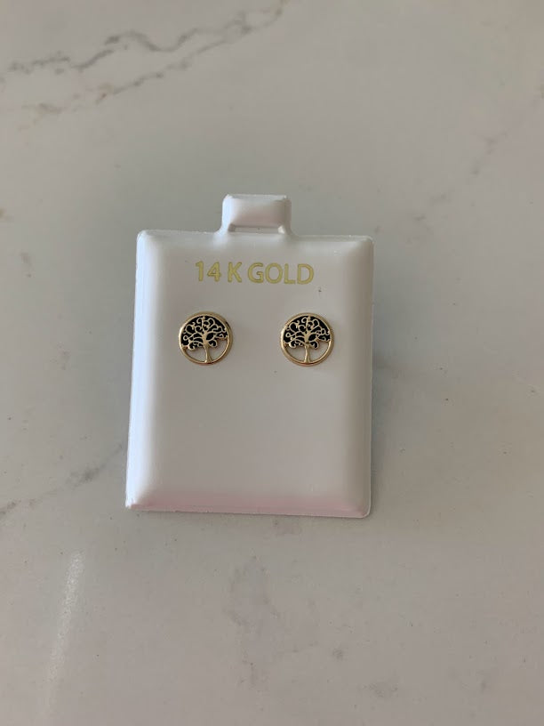 14K Gold Family Tree Earrings, Tree Earrings, Small Tree Studs, Gift for her, 14K Gold Earrings, Dainty Tree of life Studs