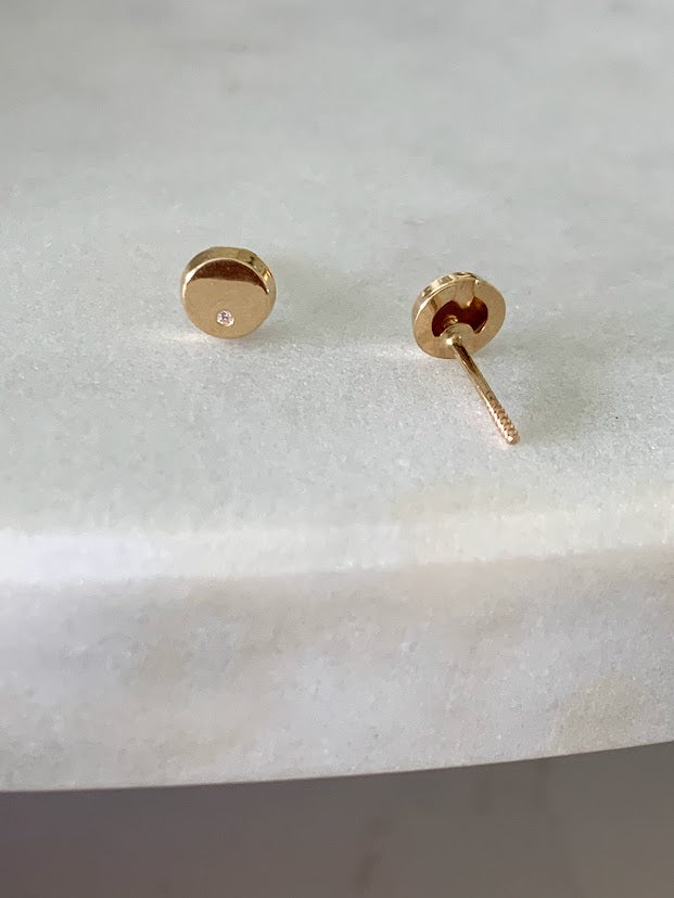 5MM Round Disc with CZ | Screw Back Stud | 14K Gold Dainty | Tiny & Minimalist Circle Dot Stud Earrings | Circle Studs | Round Tack Disc Earrings