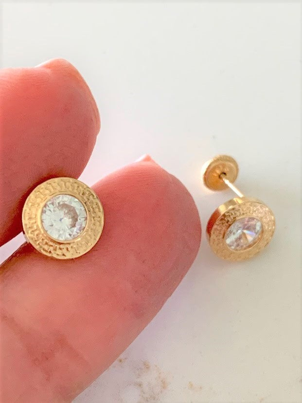 9MM 14K Gold Bezel Stud Earrings | Bezel Set Earrings Studs | Greek Design