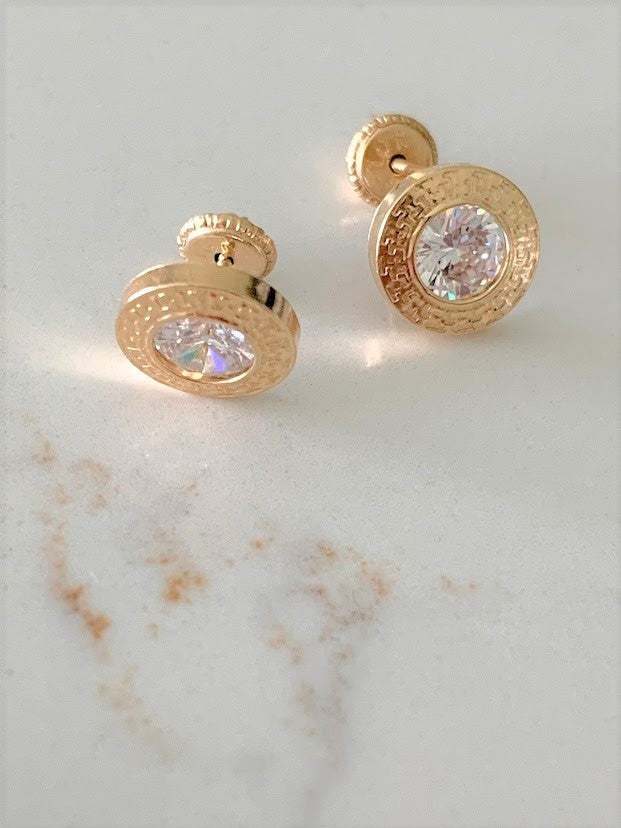 9MM 14K Gold Bezel Stud Earrings | Bezel Set Earrings Studs | Greek Design