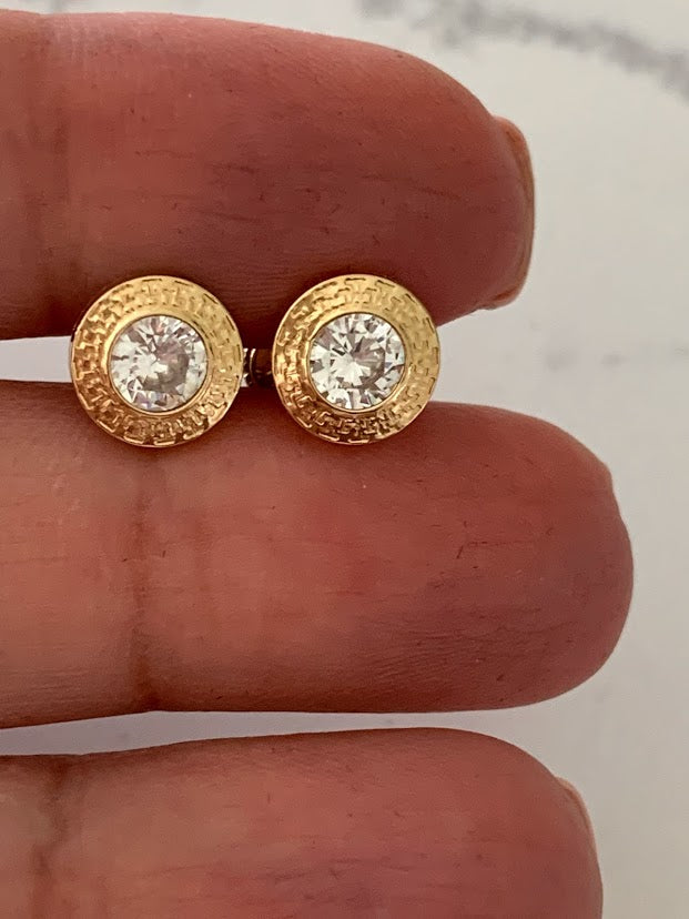 9MM 14K Gold Bezel Stud Earrings | Bezel Set Earrings Studs | Greek Design