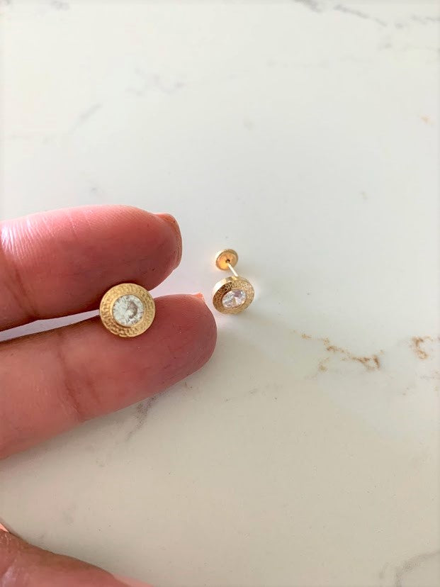 9MM 14K Gold Bezel Stud Earrings | Bezel Set Earrings Studs | Greek Design