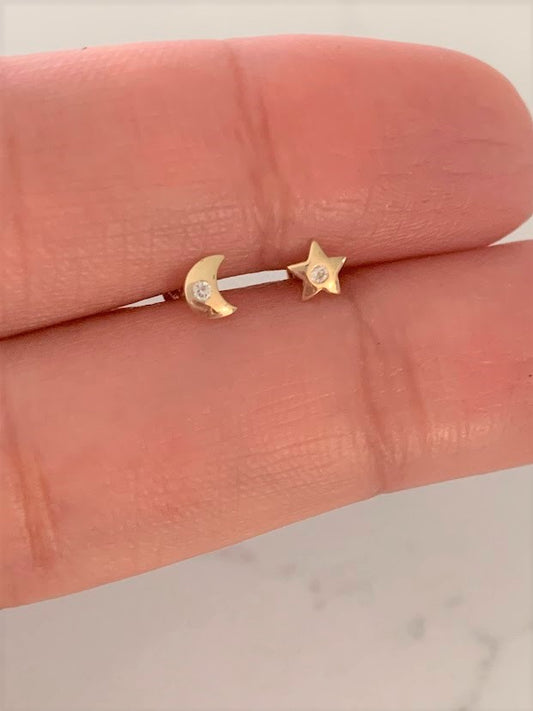 14K Gold Tiny Moon & Star Studs Earrings, Star Earrings, Starburst Gold Studs, Celestial Earrings, 14K Gold Earrings, Moon Earrings
