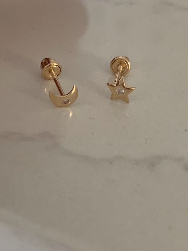 14K Gold Tiny Moon & Star Studs Earrings, Star Earrings, Starburst Gold Studs, Celestial Earrings, 14K Gold Earrings, Moon Earrings