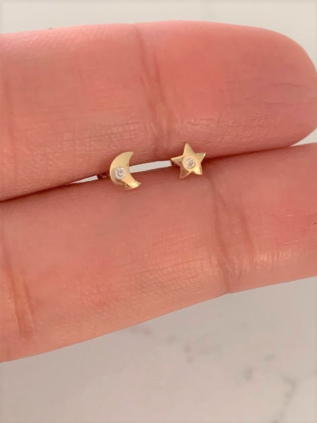 14K Gold Tiny Moon & Star Studs Earrings, Star Earrings, Starburst Gold Studs, Celestial Earrings, 14K Gold Earrings, Moon Earrings