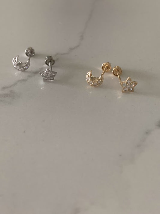 14K White Gold and Yellow Gold Tiny Moon & Star Studs Earrings, Star Earrings, Starburst White Gold Studs, 14K White Gold Earrings, Moon Earrings
