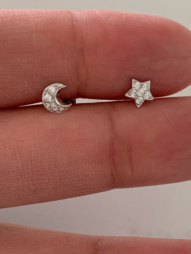 14K White Gold and Yellow Gold Tiny Moon & Star Studs Earrings, Star Earrings, Starburst White Gold Studs, 14K White Gold Earrings, Moon Earrings