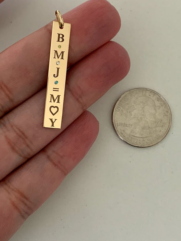 14K Solid Gold Bar Pendant | Custom Engraving Birthstones 36MM Pendant
