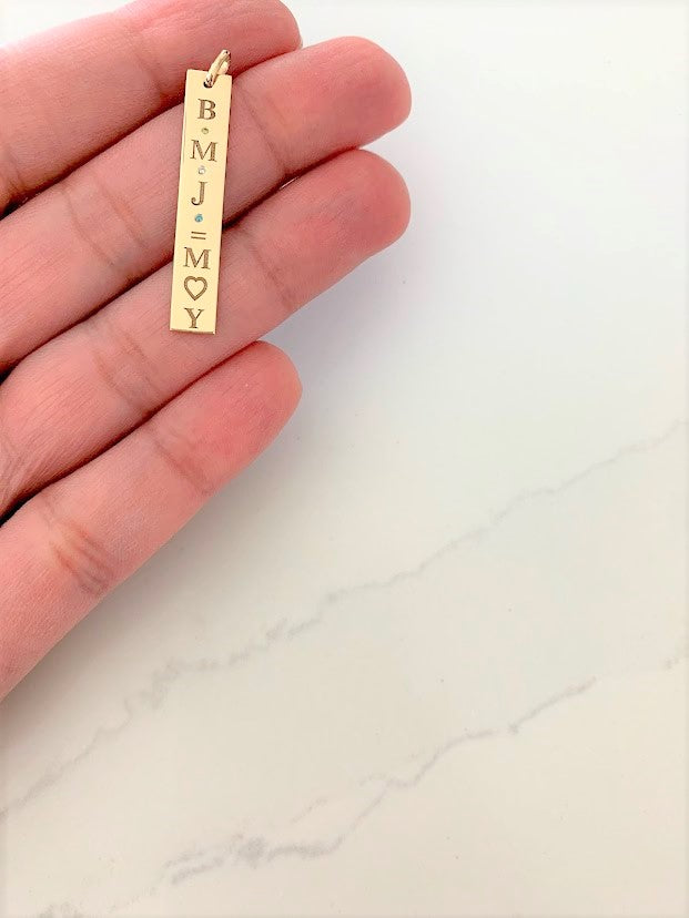 14K Solid Gold Bar Pendant | Custom Engraving Birthstones 36MM Pendant