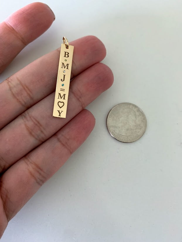 14K Solid Gold Bar Pendant | Custom Engraving Birthstones 36MM Pendant