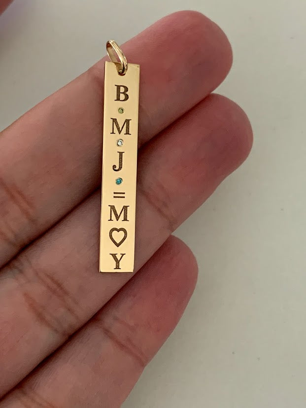 14K Solid Gold Bar Pendant | Custom Engraving Birthstones 36MM Pendant