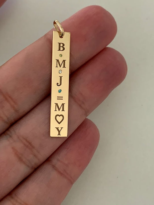 14K Solid Gold Bar Pendant | Custom Engraving Birthstones 36MM Pendant