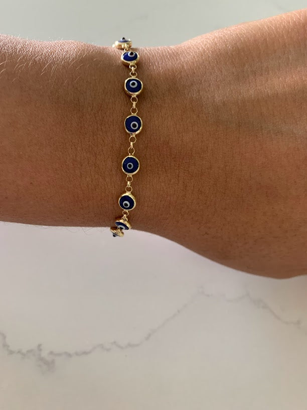 14K Gold Evil Eye Bracelet , Blue Evil Eye, 5mm Eye Diameter, 7.5" Length, Spring Ring Clasp