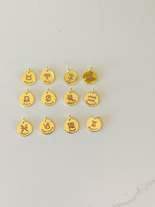 14K Gold Engraved Horoscope Sign Disc Pendant