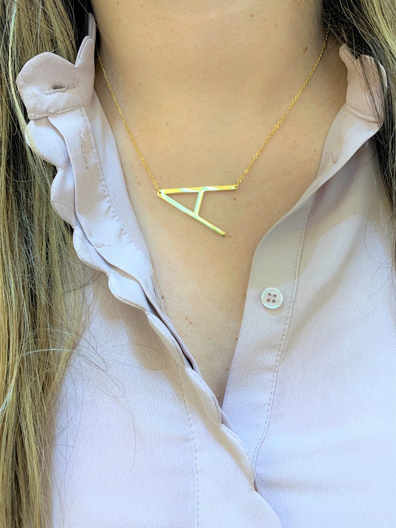 Large Initial Necklace, Stainless Steel, Big Letter Necklace, Sideways Initial Necklace, Oversized Initial Necklace, Alphabet Necklace