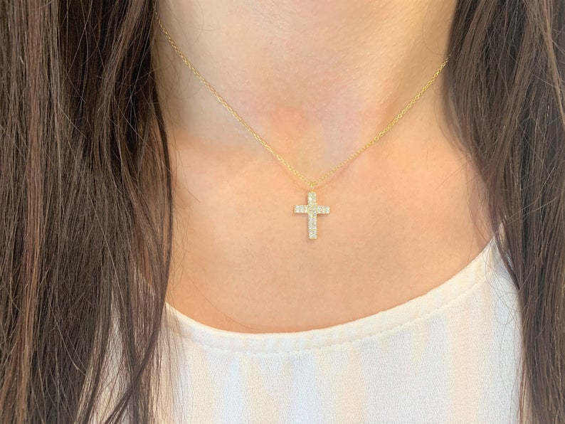 Amazon.com: Solid 925 Sterling Silver Large Diamond-Cut Sideways Cross  Necklace Chain 18