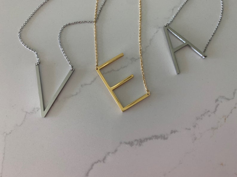 Large Initial Necklace, Stainless Steel, Big Letter Necklace, Sideways Initial Necklace, Oversized Initial Necklace, Alphabet Necklace