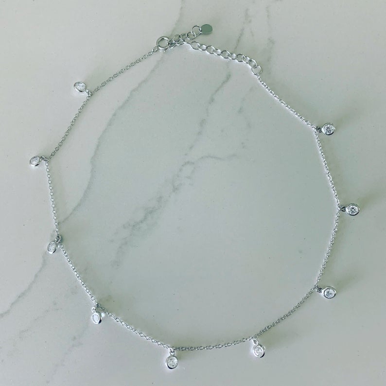 Choker Diamond Simulated Necklace in Sterling Silver