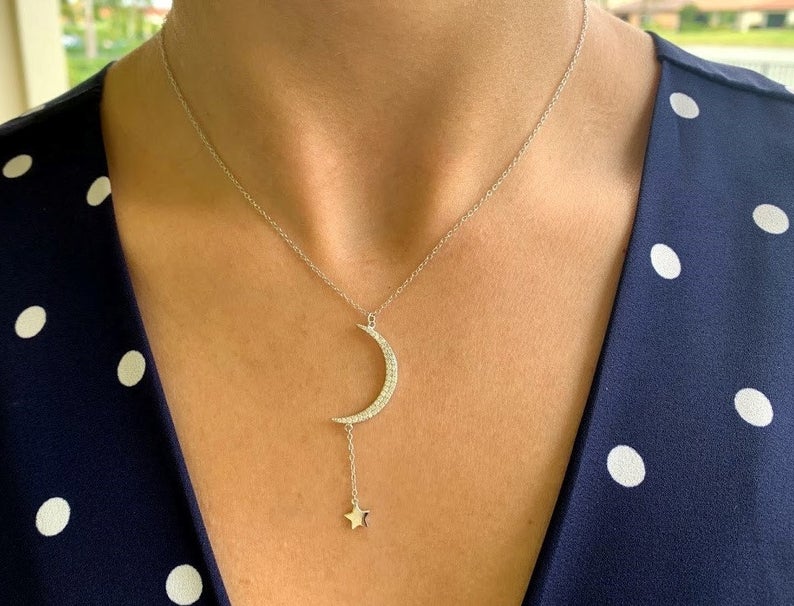 Moon and Hanging Star Necklace, Layering Necklace, Star Necklace, Crescent Moon, Gold, Silver, Sterling Silver, CZ Moon