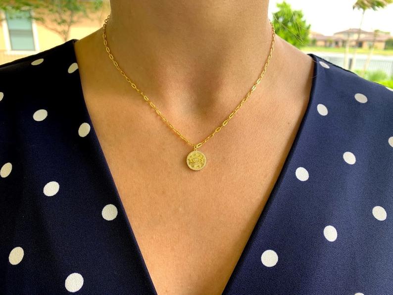 Evil Eye Disc on a Paperclip Chain in Gold Vermeil