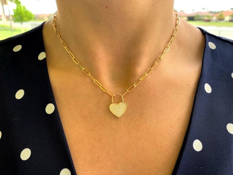 Heart Lock on Paperclip Necklace | Sterling Silver Drawn Cable Chain with a Heart Pendant
