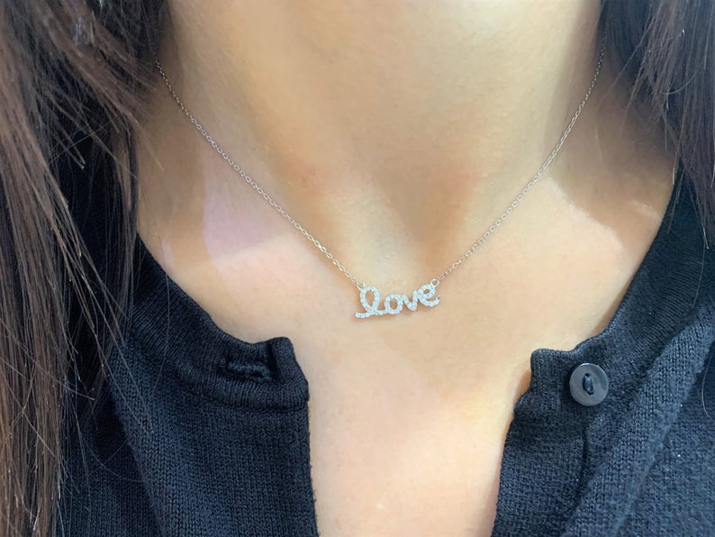 Medium Love Necklace in Sterling Silver, Love, Dainty Necklace, Delicate Jewelry, Minimalist Necklace, Lover