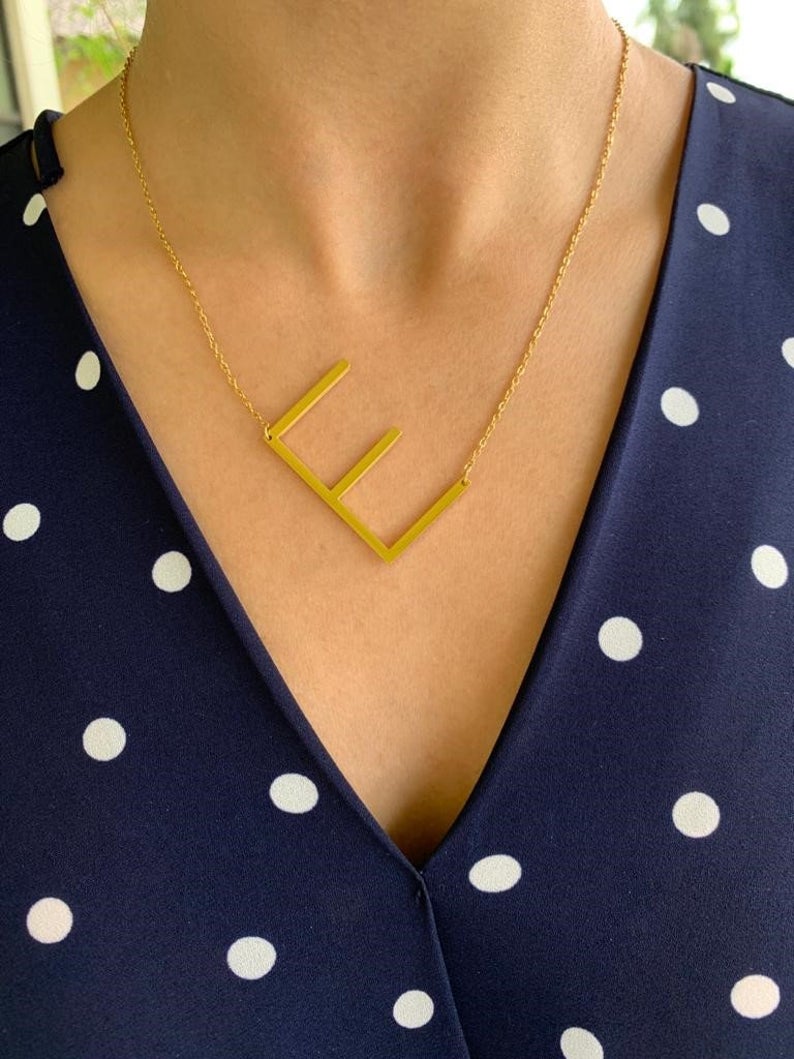 Large Initial Necklace, Stainless Steel, Big Letter Necklace, Sideways Initial Necklace, Oversized Initial Necklace, Alphabet Necklace