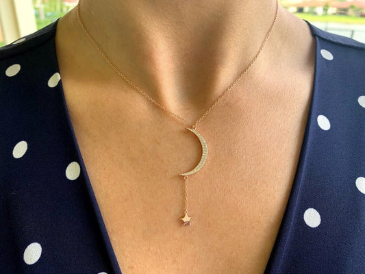 Moon and Hanging Star Necklace, Layering Necklace, Star Necklace, Crescent Moon, Gold, Silver, Sterling Silver, CZ Moon
