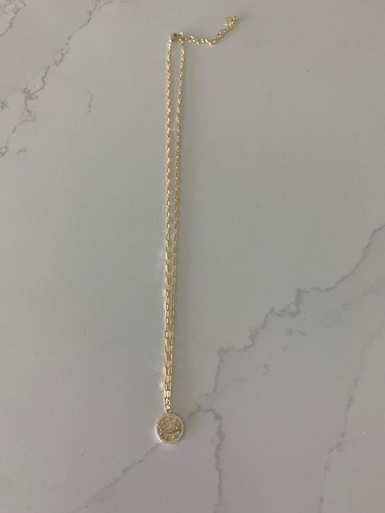 Evil Eye Disc on a Paperclip Chain in Gold Vermeil