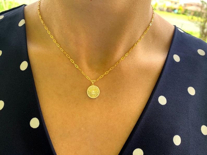 Evil Eye Disc on a Paperclip Chain in Gold Vermeil