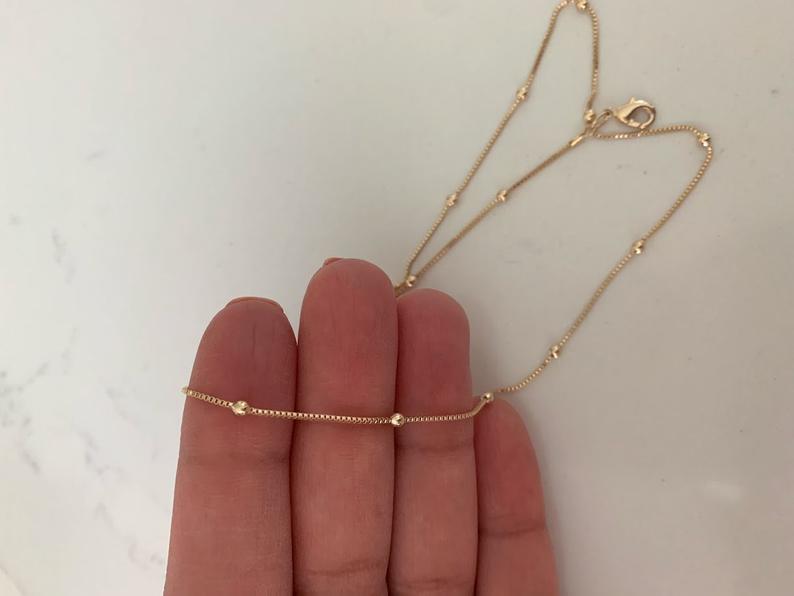2MM Beaded Satellite Chain Necklace in Gold-filled | Minimalist Beads on Box Chain | Delicate Necklace