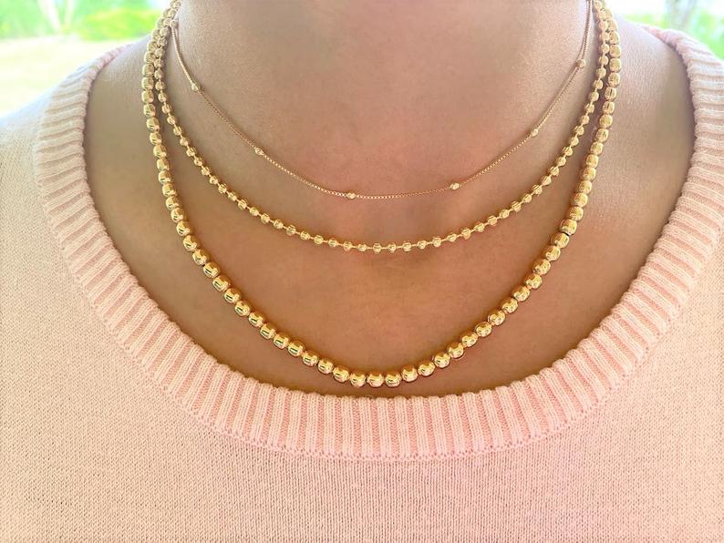 Double Layer Gold Necklace Set / Satellite Bead Chain Choker / Two