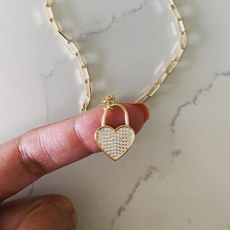 Heart Lock on Paperclip Necklace | Sterling Silver Drawn Cable Chain with a Heart Pendant