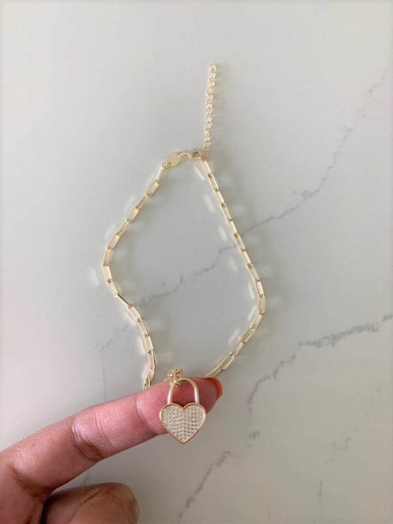 Heart Lock on Paperclip Necklace | Sterling Silver Drawn Cable Chain with a Heart Pendant