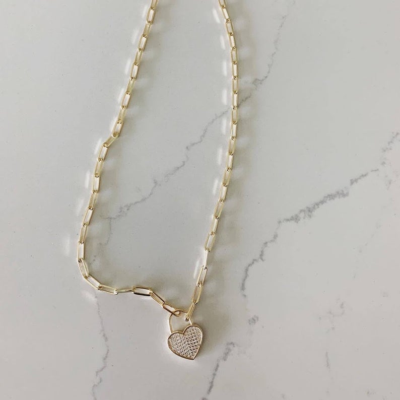 Heart Lock on Paperclip Necklace | Sterling Silver Drawn Cable Chain with a Heart Pendant
