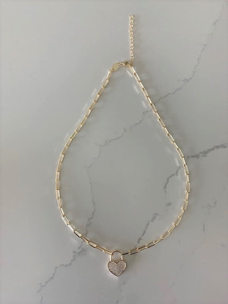 Heart Lock on Paperclip Necklace | Sterling Silver Drawn Cable Chain with a Heart Pendant