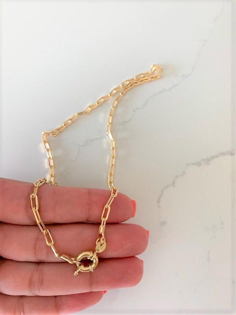 Large Clasp Paper Clip Necklace•Layering Gold Chain Necklace• Gold Filled Chain Choker Necklace•Rectangle Link Chain Choker