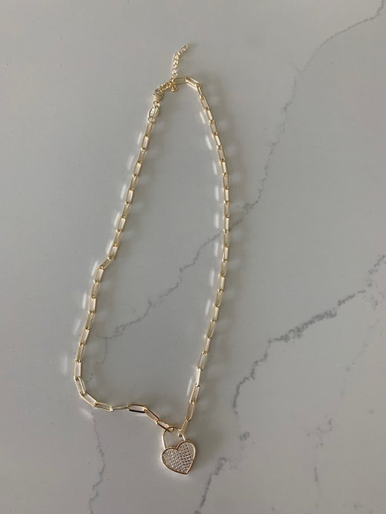 Heart Lock on Paperclip Necklace | Sterling Silver Drawn Cable Chain with a Heart Pendant