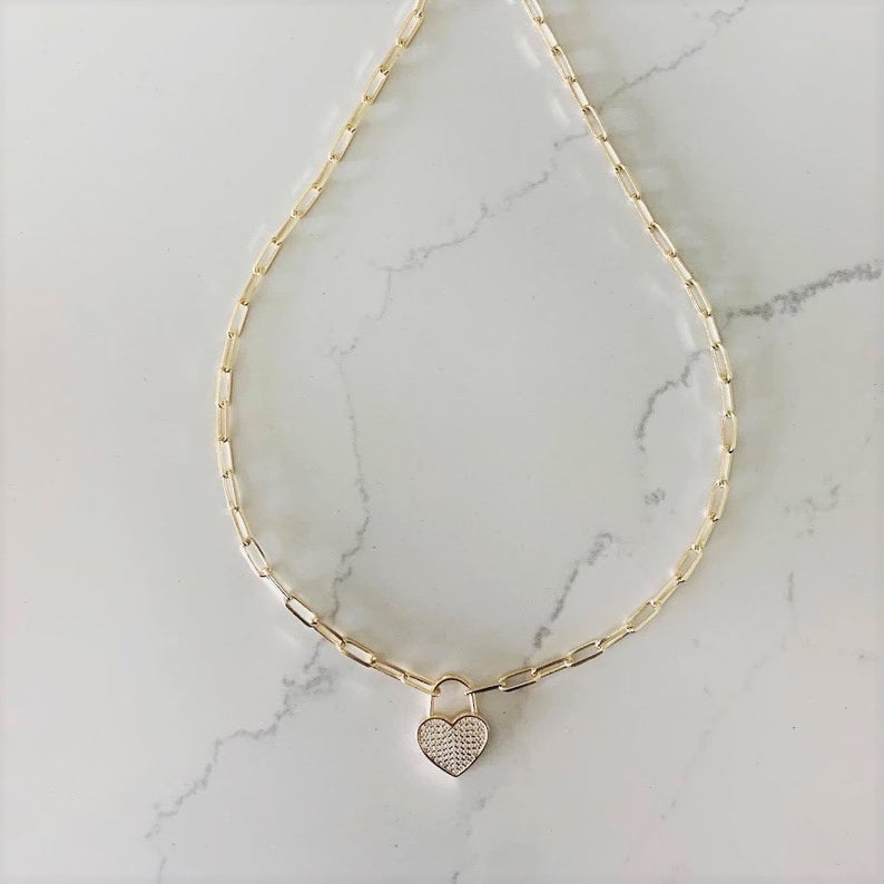 Heart Lock on Paperclip Necklace | Sterling Silver Drawn Cable Chain with a Heart Pendant