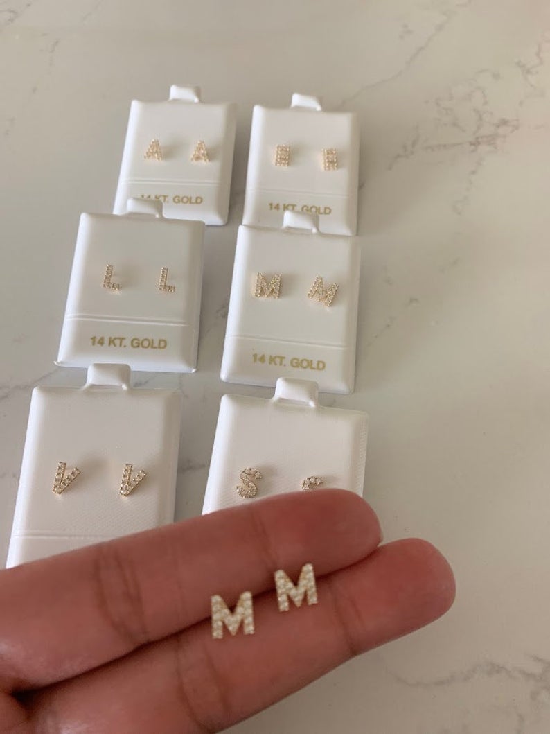 14K Solid Gold Pave Initial Earrings