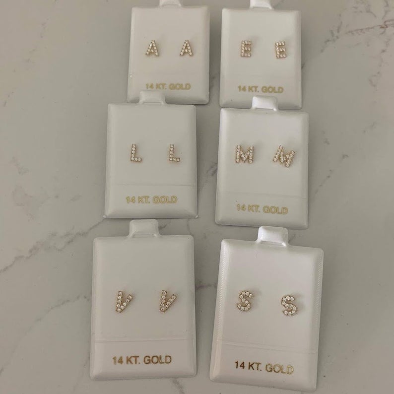 14K Solid Gold Pave Initial Earrings